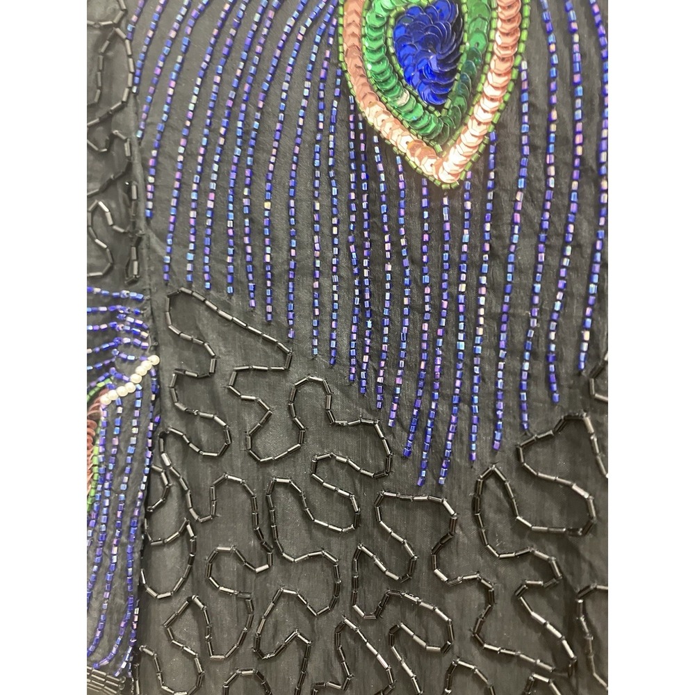 Vintage Night Vogue Sequined Beaded Black Blouse 100% Silk Peacock - Picture 10 of 10